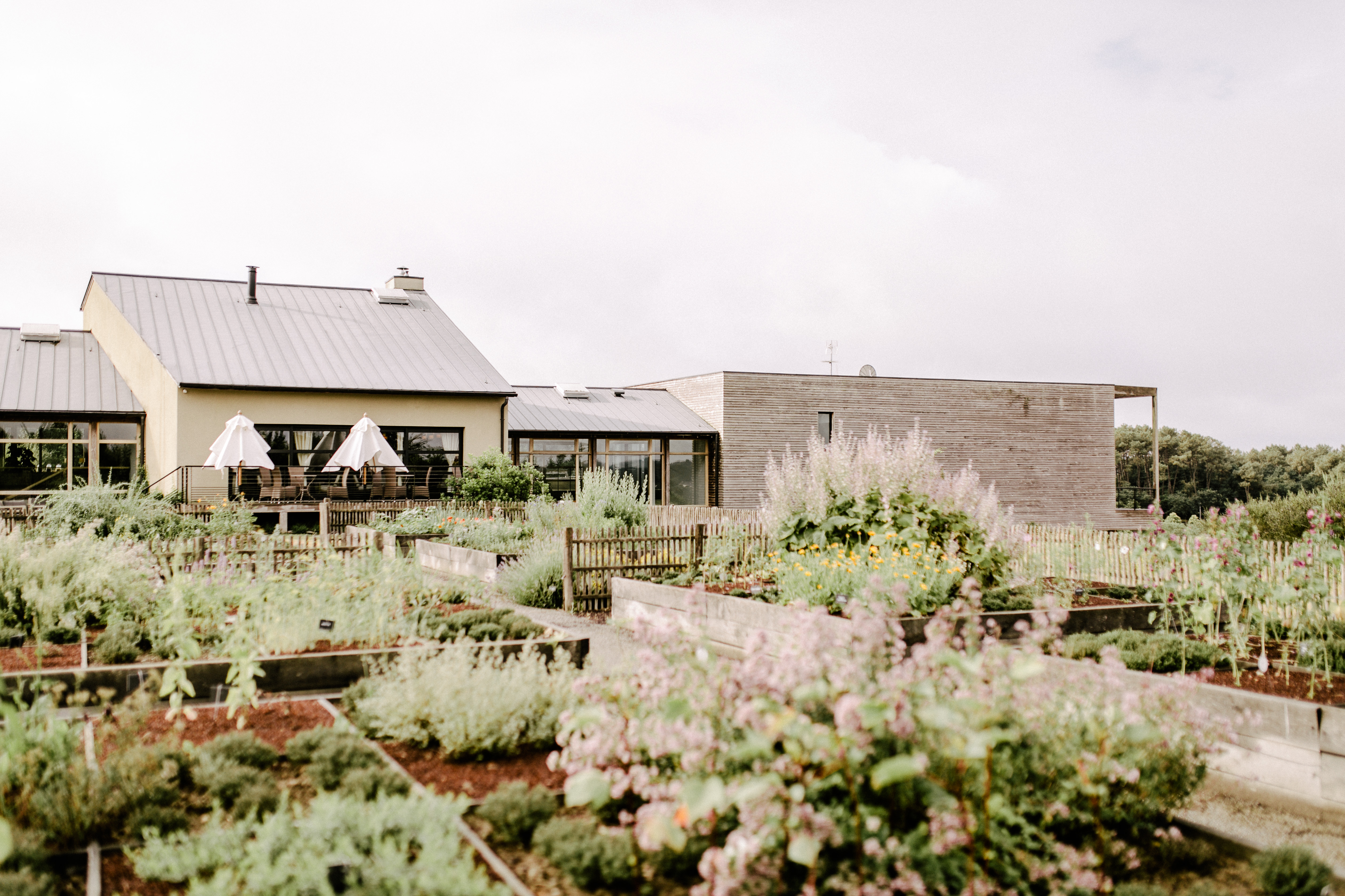 Das Öko-Hotel und Spa "La Grée des Landes" mit seinem Blumengarten im Vordergrund