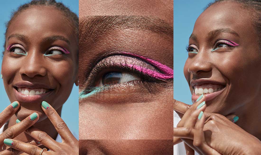 femme afro utilisant sur ses yeux , ses ongles le make-up flower in the city par yves rocher