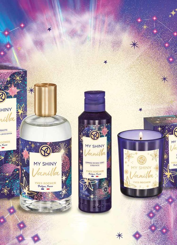 collection de shiny vanilla couleur violette et dorée par yves rocher