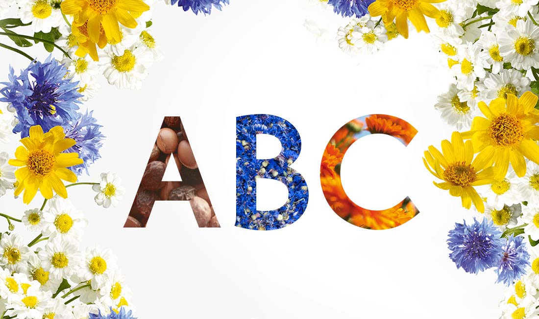 En bild av bokstäverna A, B och C i formade av blommor
