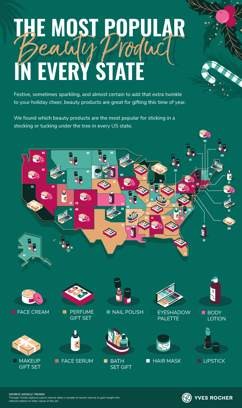 Map of USA with most popular beauty product in every state